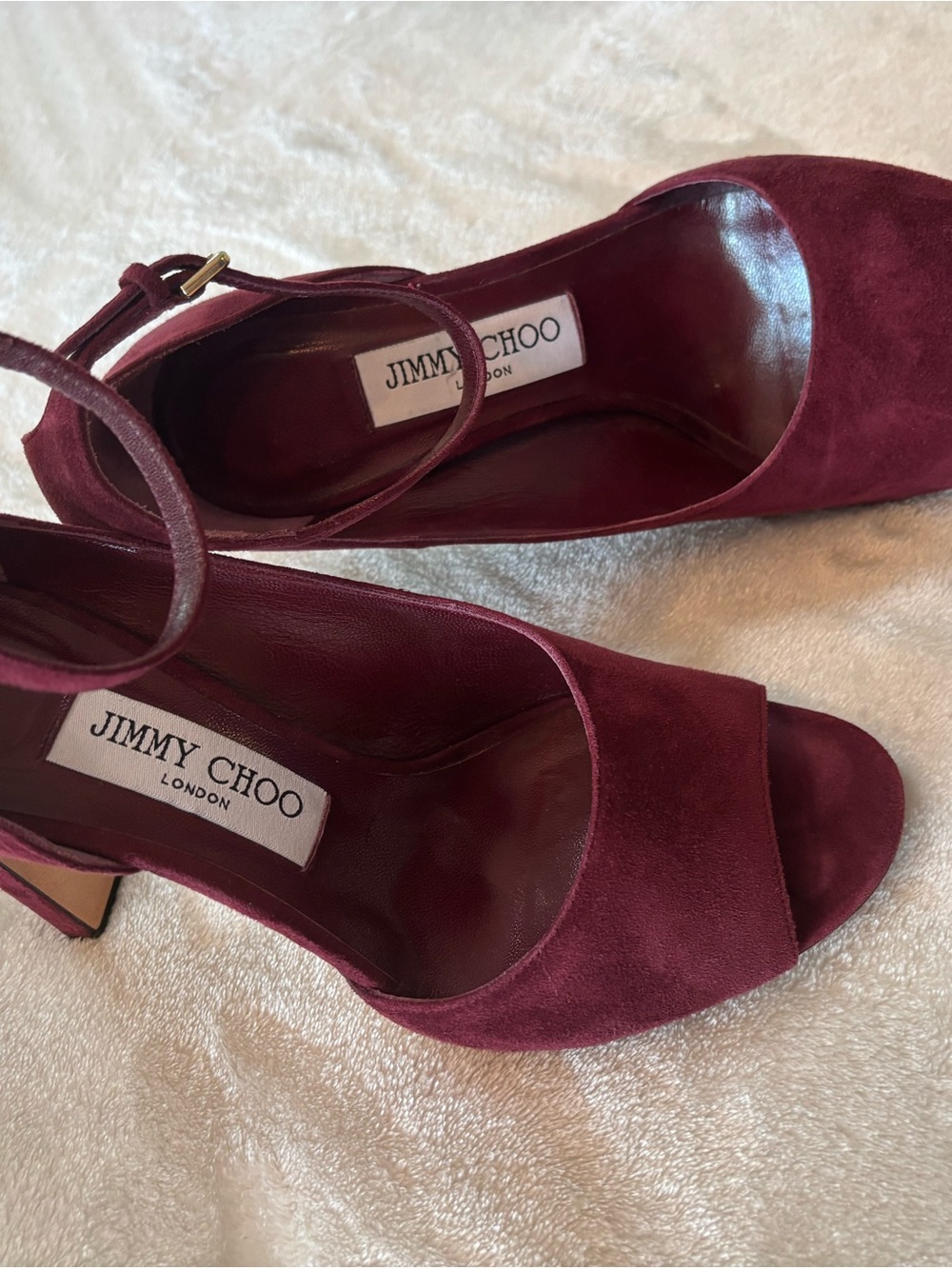 Jimmy Choo Burgundy Suede Open-Toe Ankle-Strap Heels